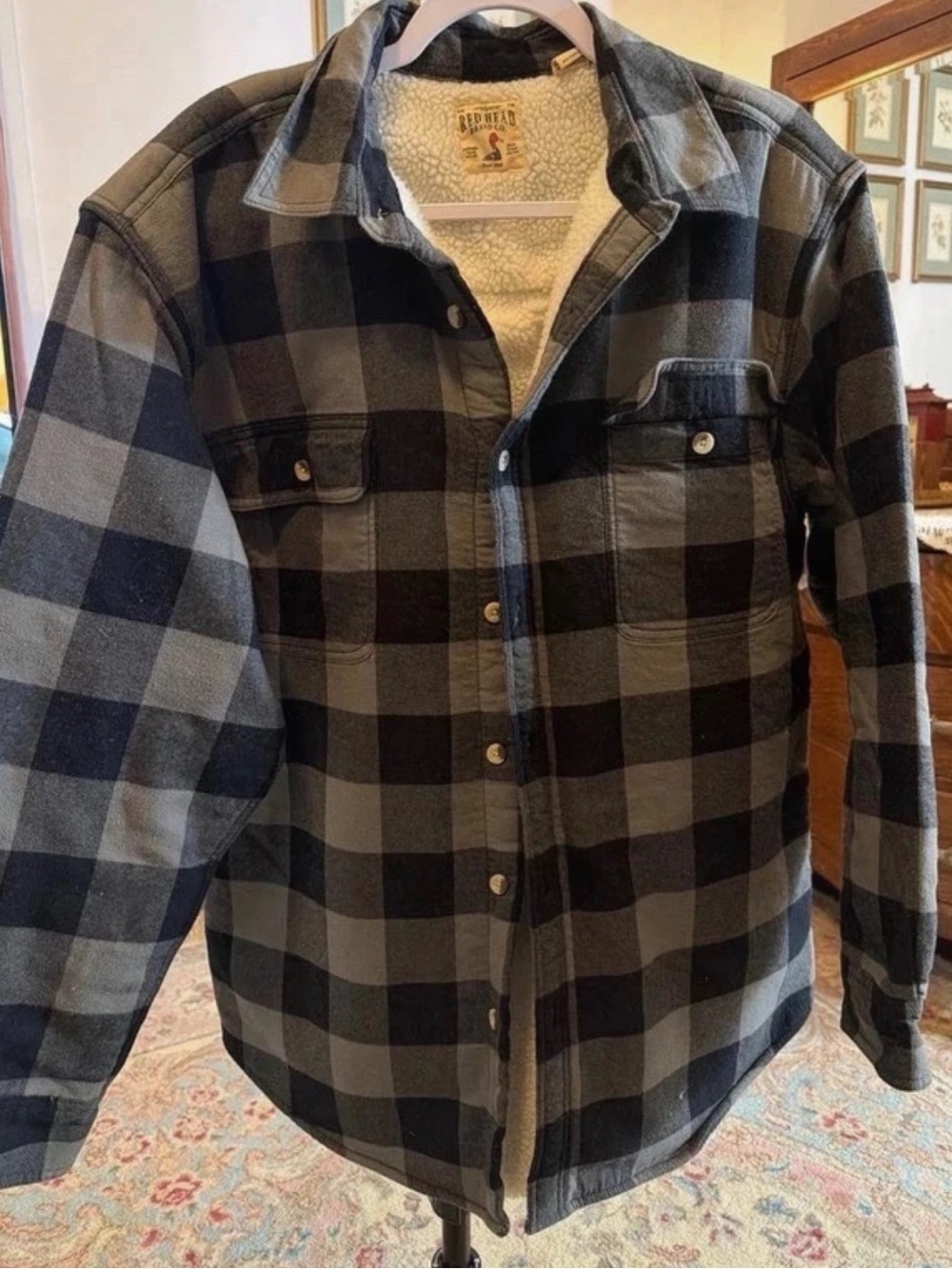 RedHead Men’s Black and Gray Plaid Sherpa Shirt Jacket